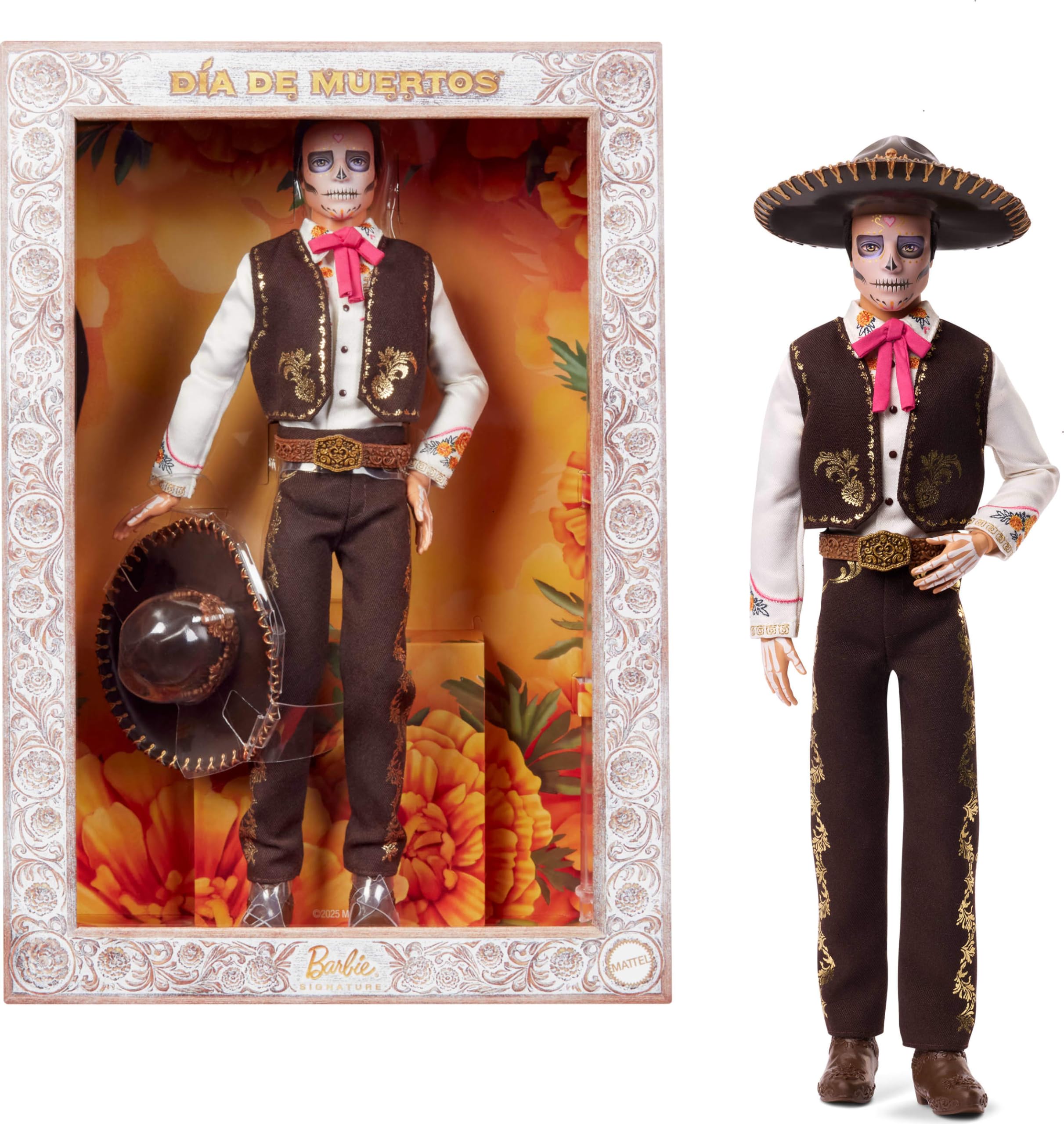Photo 1 of Barbie Signature Ken Doll, Día De Muertos 2025 Collectible with Cream Shirt, Black Vest and Trousers, Sombrero and Calavera Face Paint
