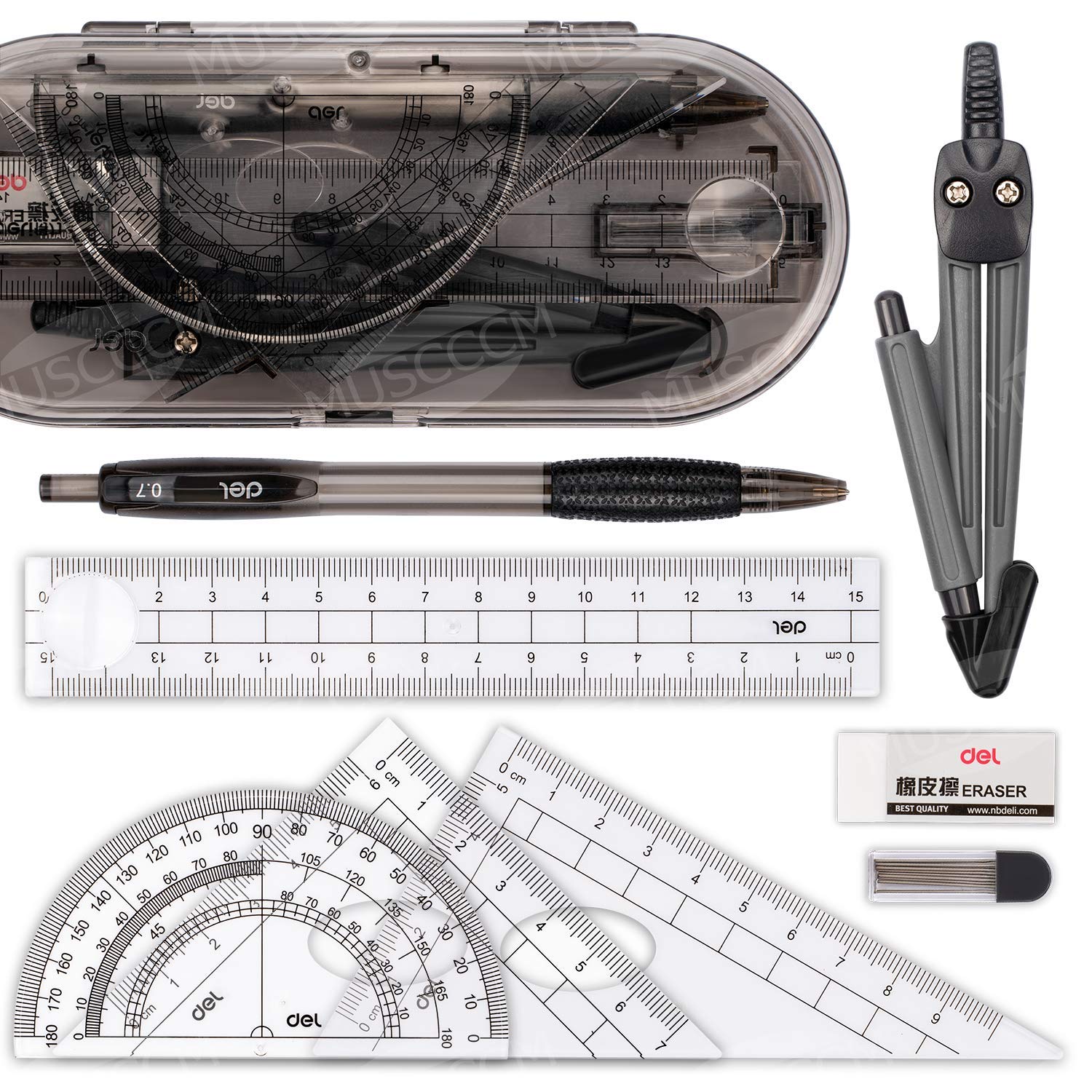 Compass Set, Muscccm Compass for Geometry Math Geometry Kit 8 Pieces - Student Supplies Drawing Compass, Protractor, Rulers, Pencil Lead Refills, Pencil, Eraser for Students and Engineering Drawing: Industrial & Scientific