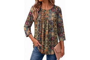 Ekouaer Womens 3/4 Length Sleeve Tops Boho Blouses Casual Pleated Shirts | Boho print, gathered front pleated detail, 3/4 len