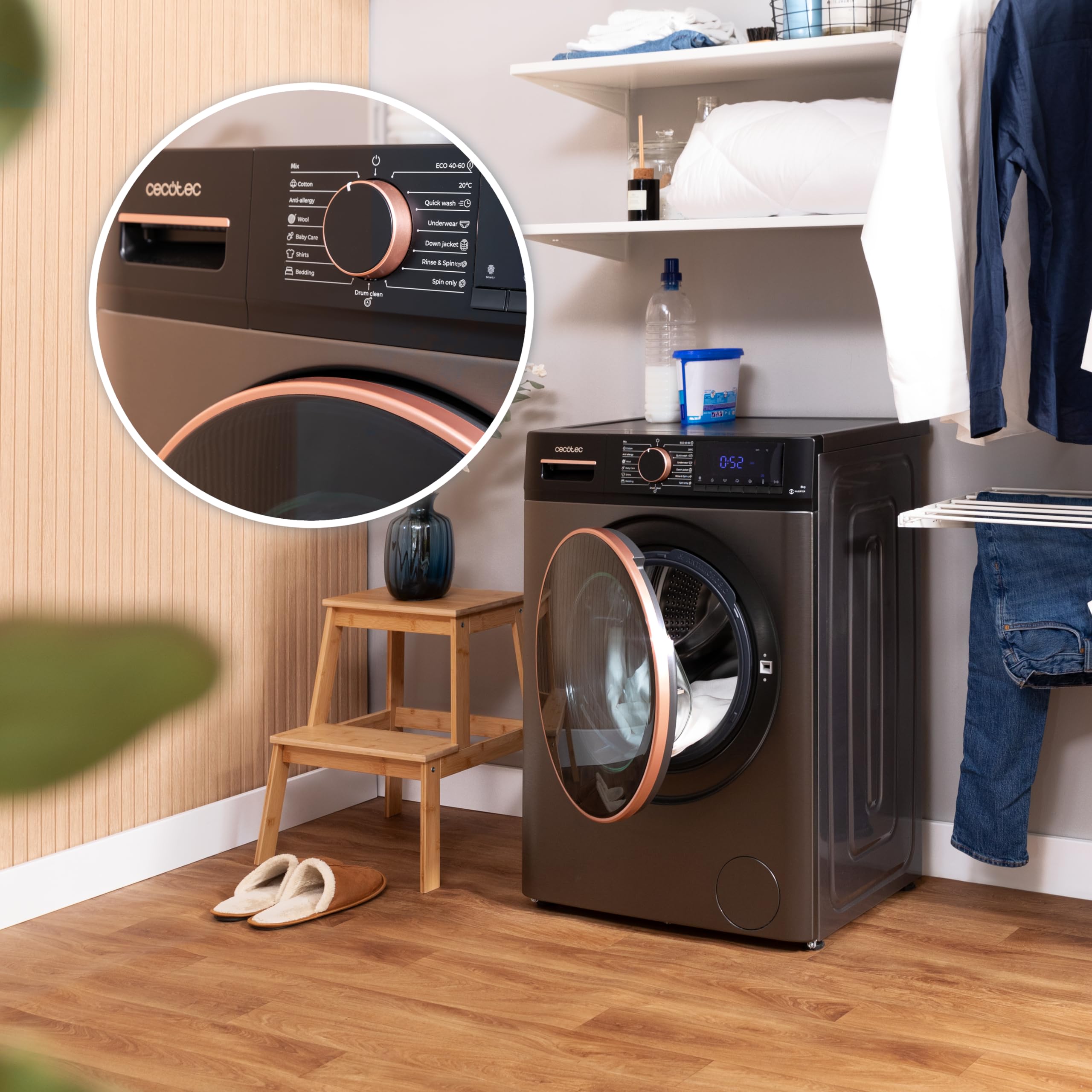 Cecotec Waschmaschine 8Kg Frontlader Bolero DressCode 8610 Inverter Steel A. 1400 U/min, Steam Max, Inverter Plus Motor, 15 Progr, OnSmart, Smooth Wash, Stop&Go, Antibakterielle Dichtung, Drum Clean 5