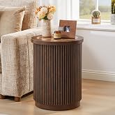 BERRYMERRY Dark Walnut Round Fluted End Table Side Table with Marble Top | Wavy fluted cylindrical design marble side table with storage stable support couch bedroom side table Living Room