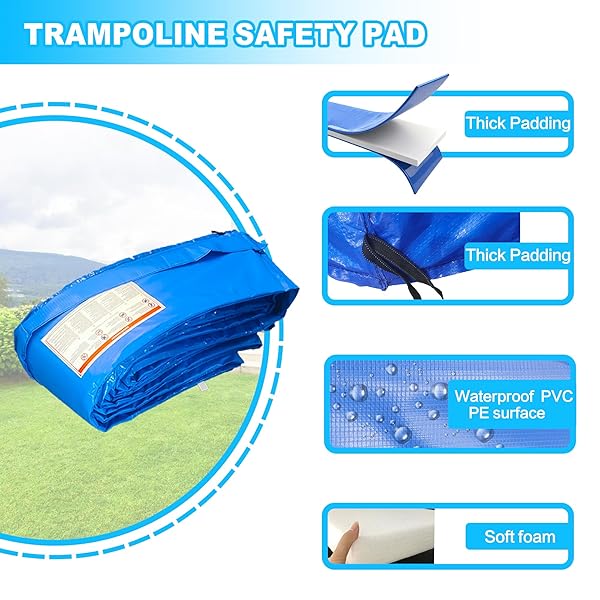 AIVEFEN TRAMPOLINE PAD REPLACEMENT, 10/12/14/15/16FT TRAMPOLINE SPRING COVER, NO-HOLE FOR POLE WATERPROOF TRAMPOLINE SAFETY PAD, TRAMPOLINE REPLACEMENT PARTS & ACCESSORIES