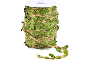 Natural Jute Twine with Green Leaves, 30m/98.42ft Rustic Burlap Ribbon String Decorative Garland Garden Vines Rope for Crafts