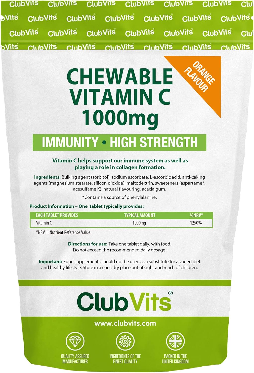 Vitamin C 1000mg Chewable by Club Vits - 90 Tablets - Supports Immune Health and Helps Fight Colds - Helps Reduce Tiredness and Fatigue