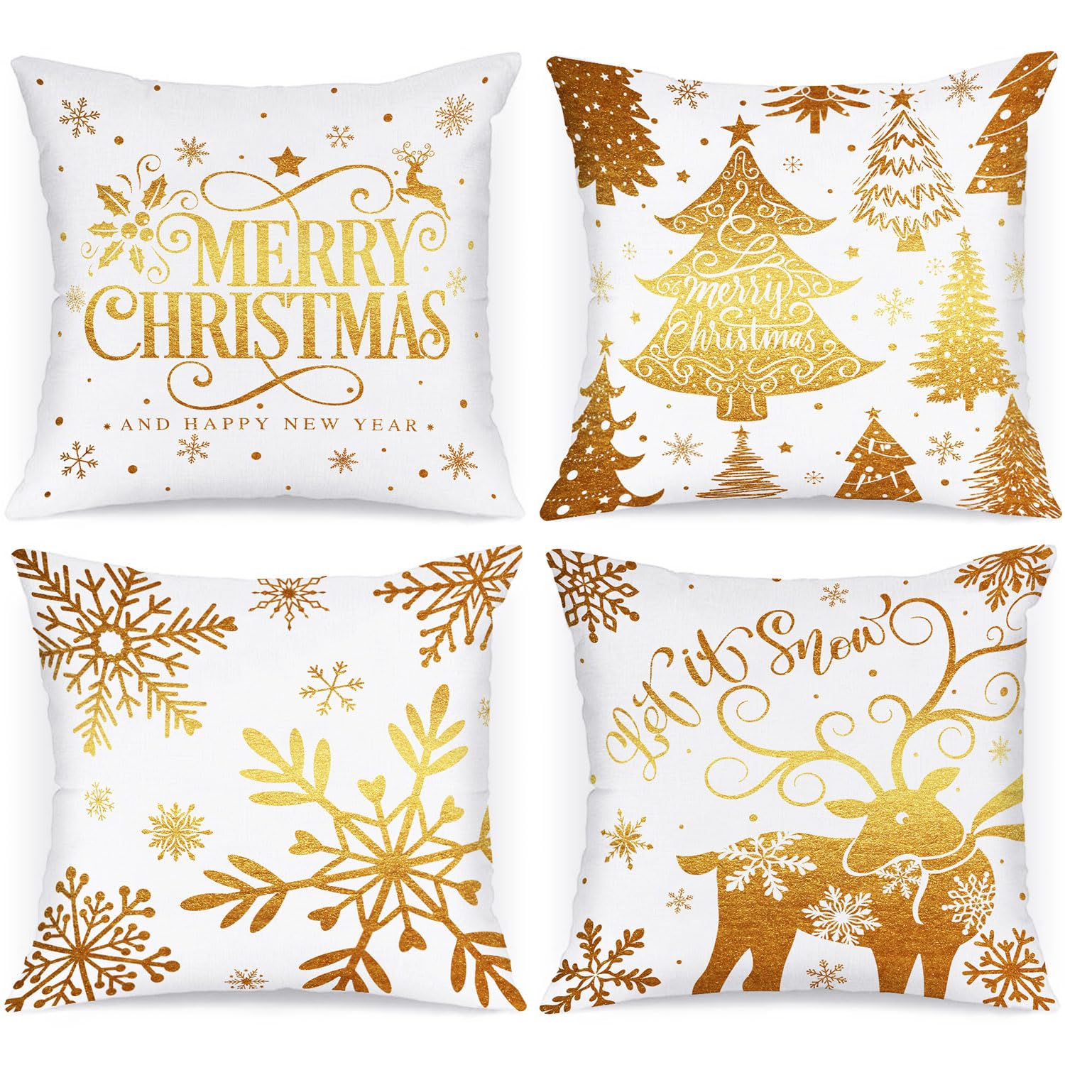 Lanpn White and Gold 40x40 Christmas Pillow Covers Set of 4, Decorative 40 cm Navy Winter Snowflake Throw Pillow Case Xmas Cushion Cover for Indoor House Sofa Gold