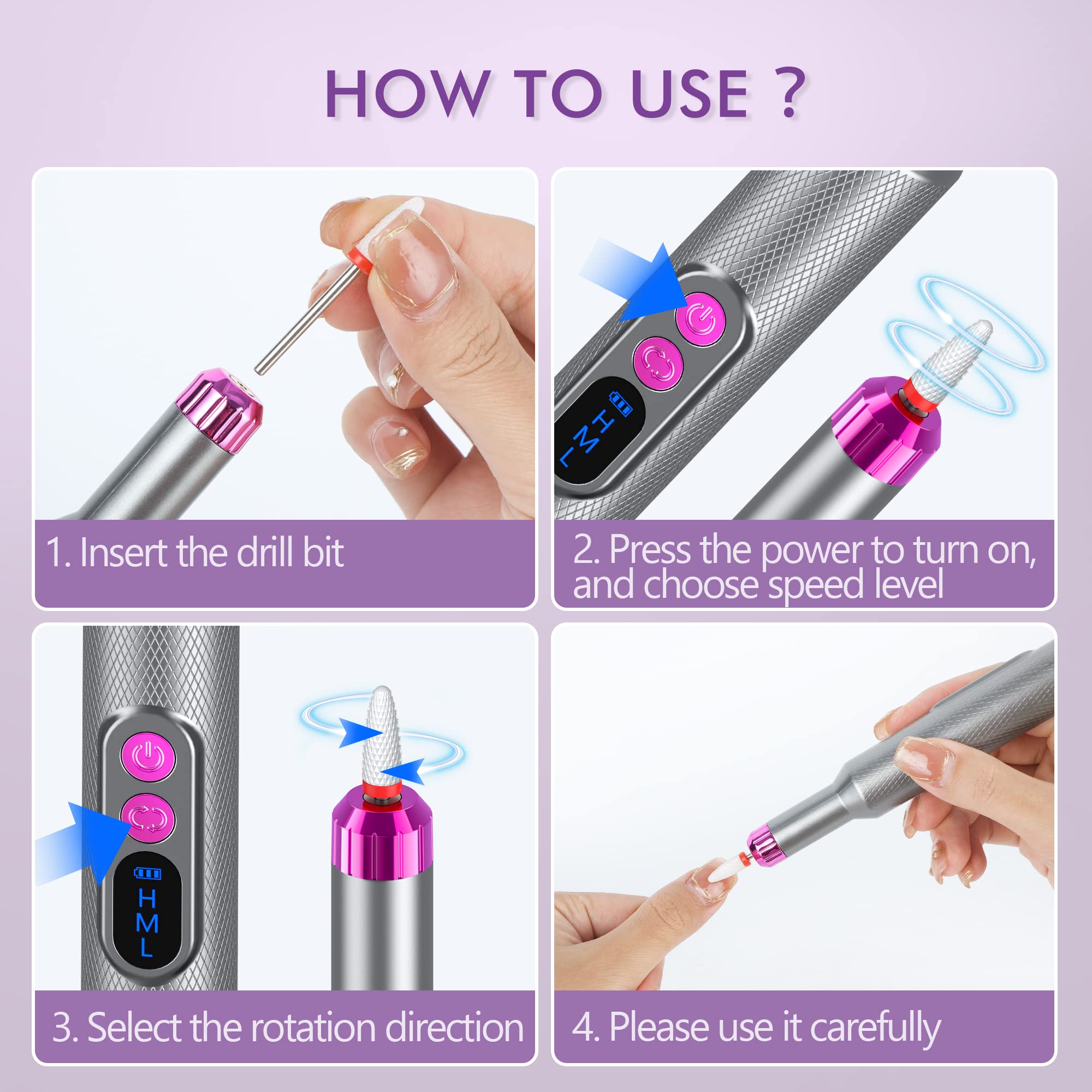 Nail Drill, Cordless Electric Nail Filer Professional E-File Nail Drill Kit for Acrylic, Gel Nails, Manicure Pedicure Polishing Shape Tools Design for Home Salon Use Gray - Image 4