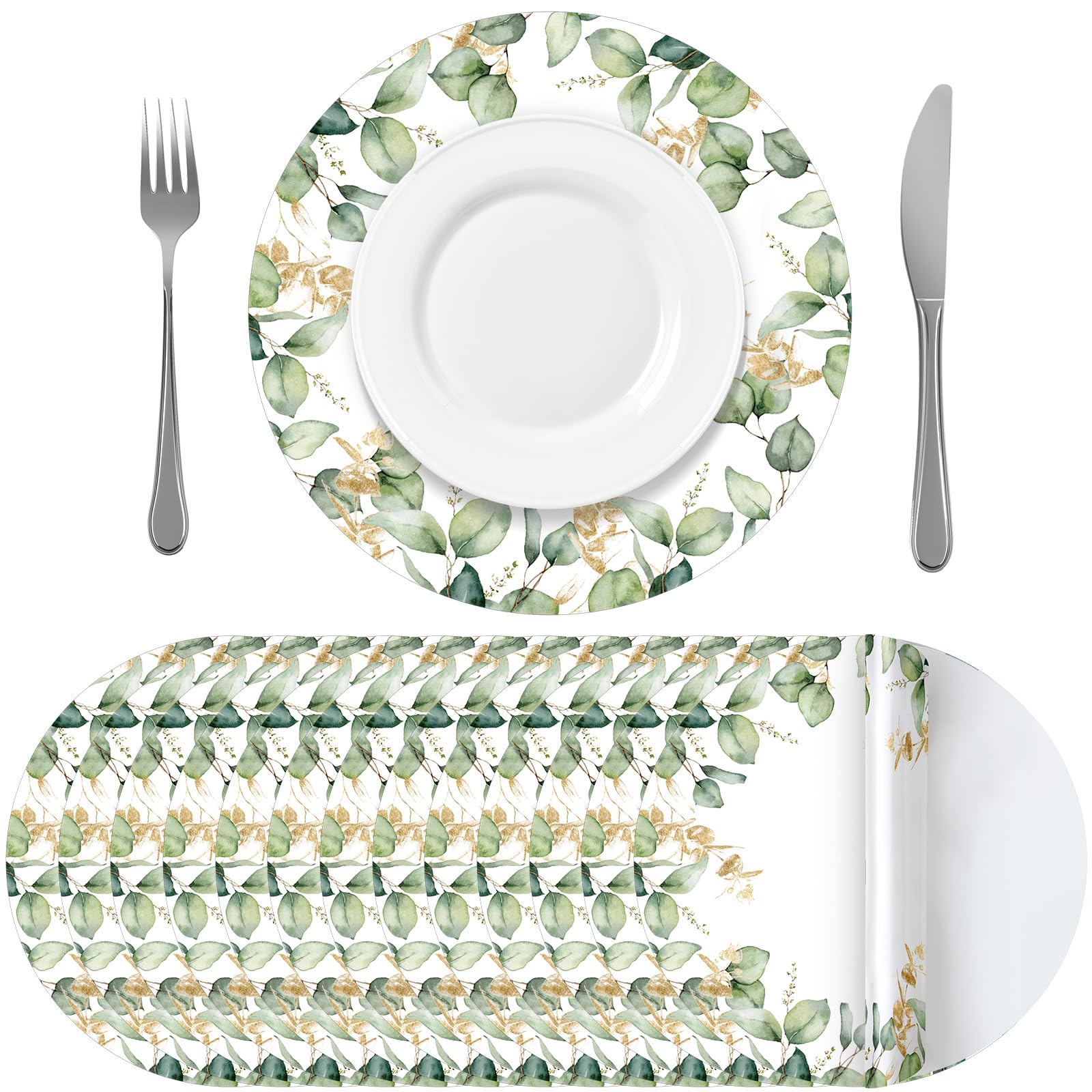 Photo 1 of 100 Pack Round Paper Placemats Eucalyptus Leaves Wedding Paper Mats 12 Inch Sage Green Summer Disposable Round Table Mats for Dining Table Kitchen Rustic Wedding Baby Shower Birthday Party Supplies