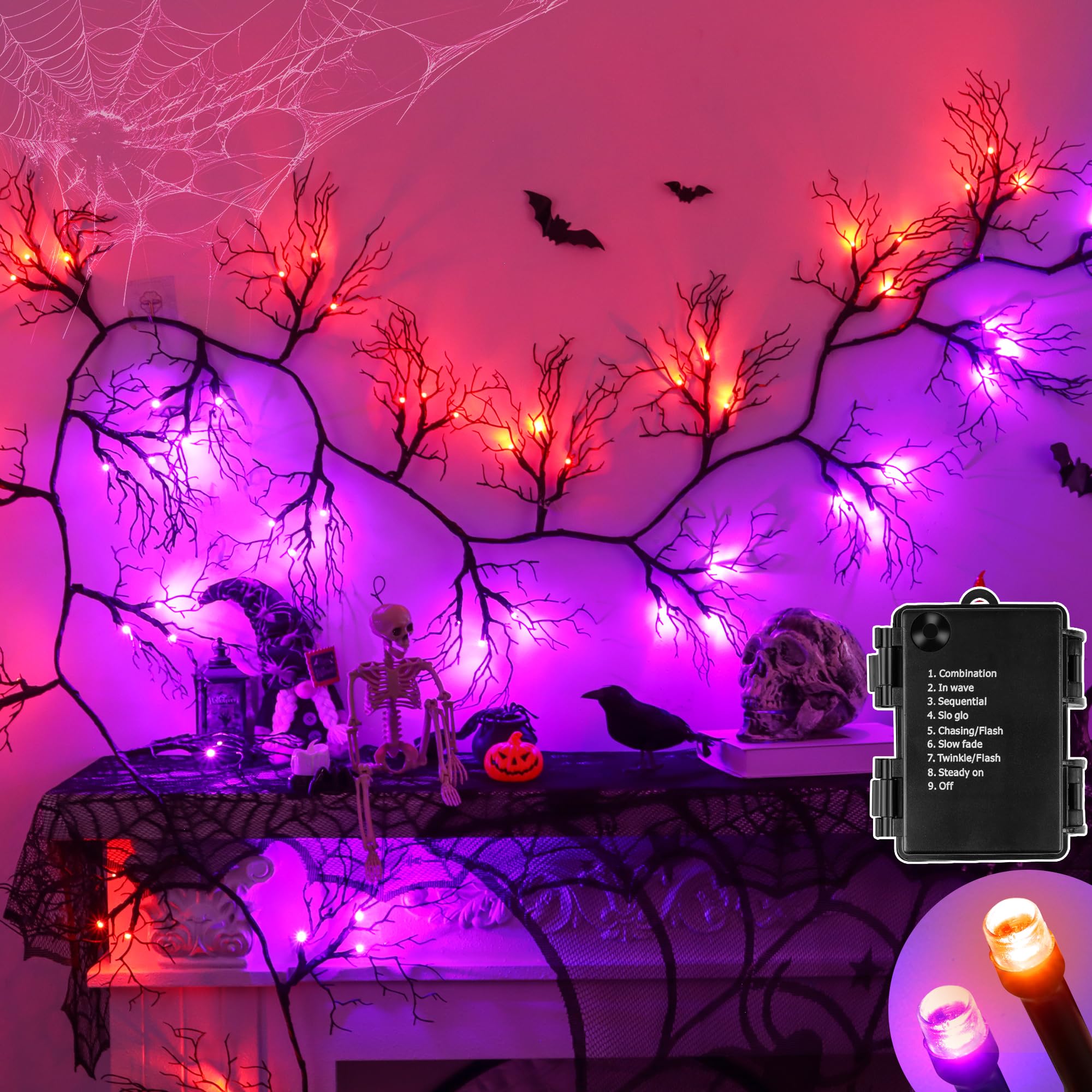 Photo 1 of 9 FT 66 LED Willow Vine Twig Decor Black Halloween Garland with Orange Purple Lights, Timer 8 Modes Waterproof Battery Operated Indoor Halloween Decorations for Wall Fireplace Mantle Home Office Decor