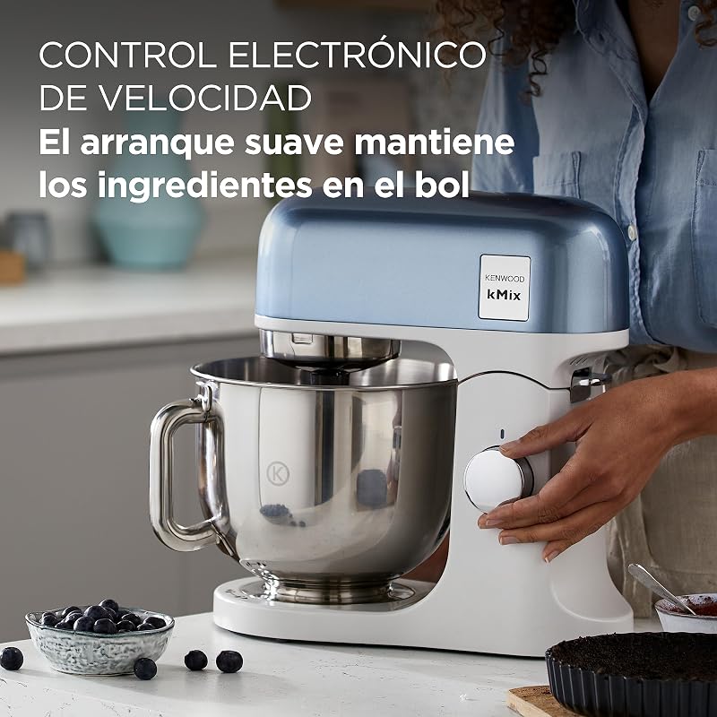 kMix - Robô de pastelaria multifunções com taça de aço inoxidável de 5 L, motor de 1000 W, corpo metálico, kit de pastelaria, 3 acessórios e tampa splash, azul (KMX760ABL)