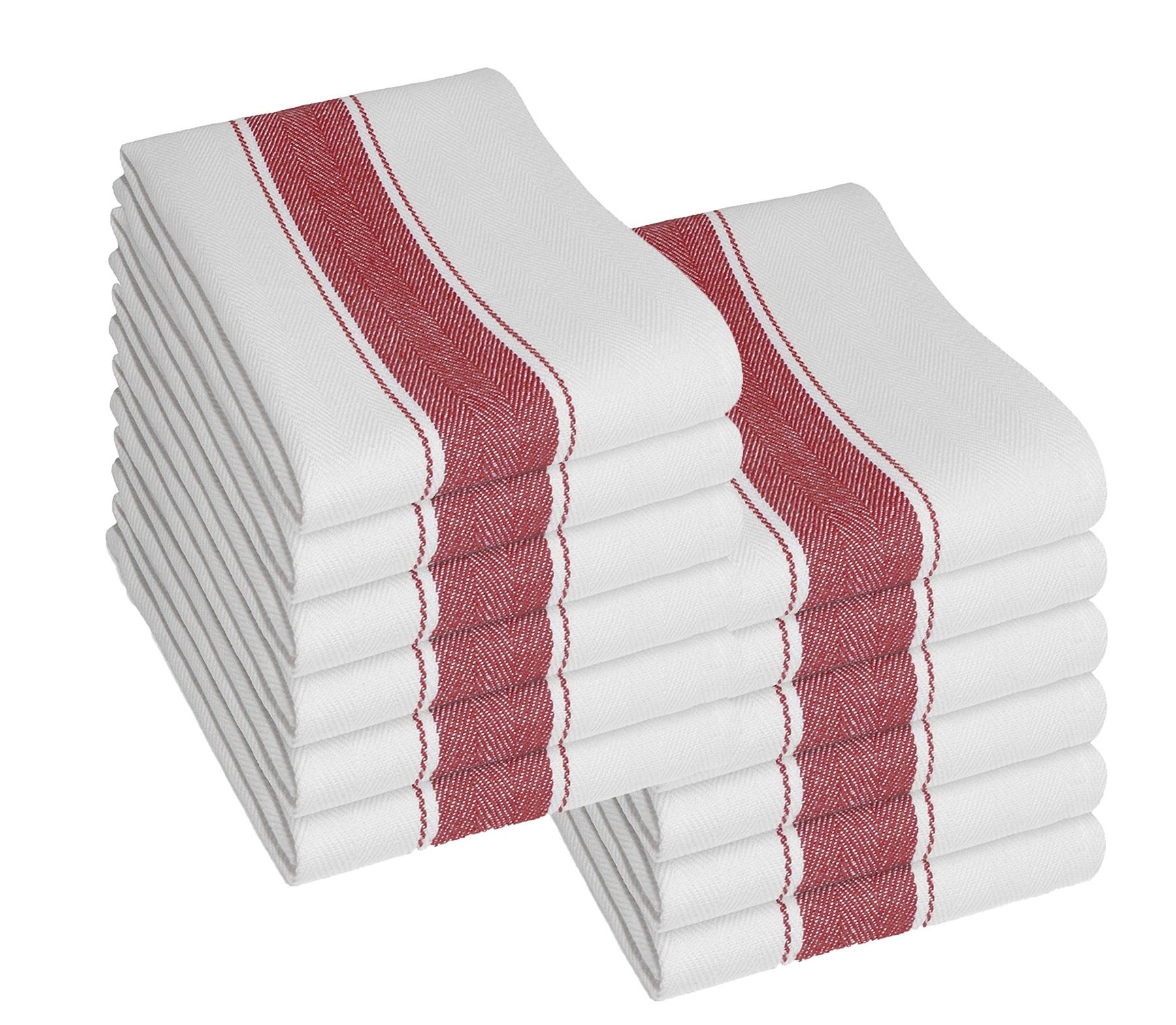 Olivia Rocco Pack of 12 Kitchen Tea Towels, Large 100% Cotton Commercial Grade Towels, Lint Free, White, Quick Drying, 75 x 50 cm, Red