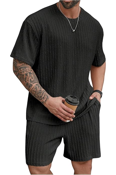 2-piece *'s Textured Outfit Set, High Stretch *'s Short Sleeve Lapel  Shirt Casual Drawstring Shorts Set