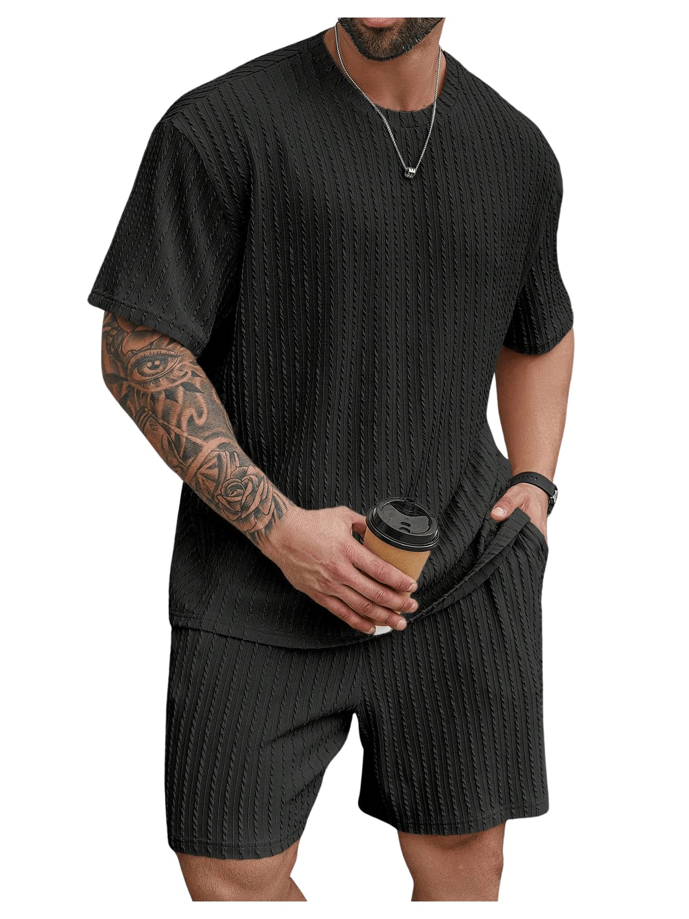RoseSeek Men's 2 Piece Outfits Textured Drop