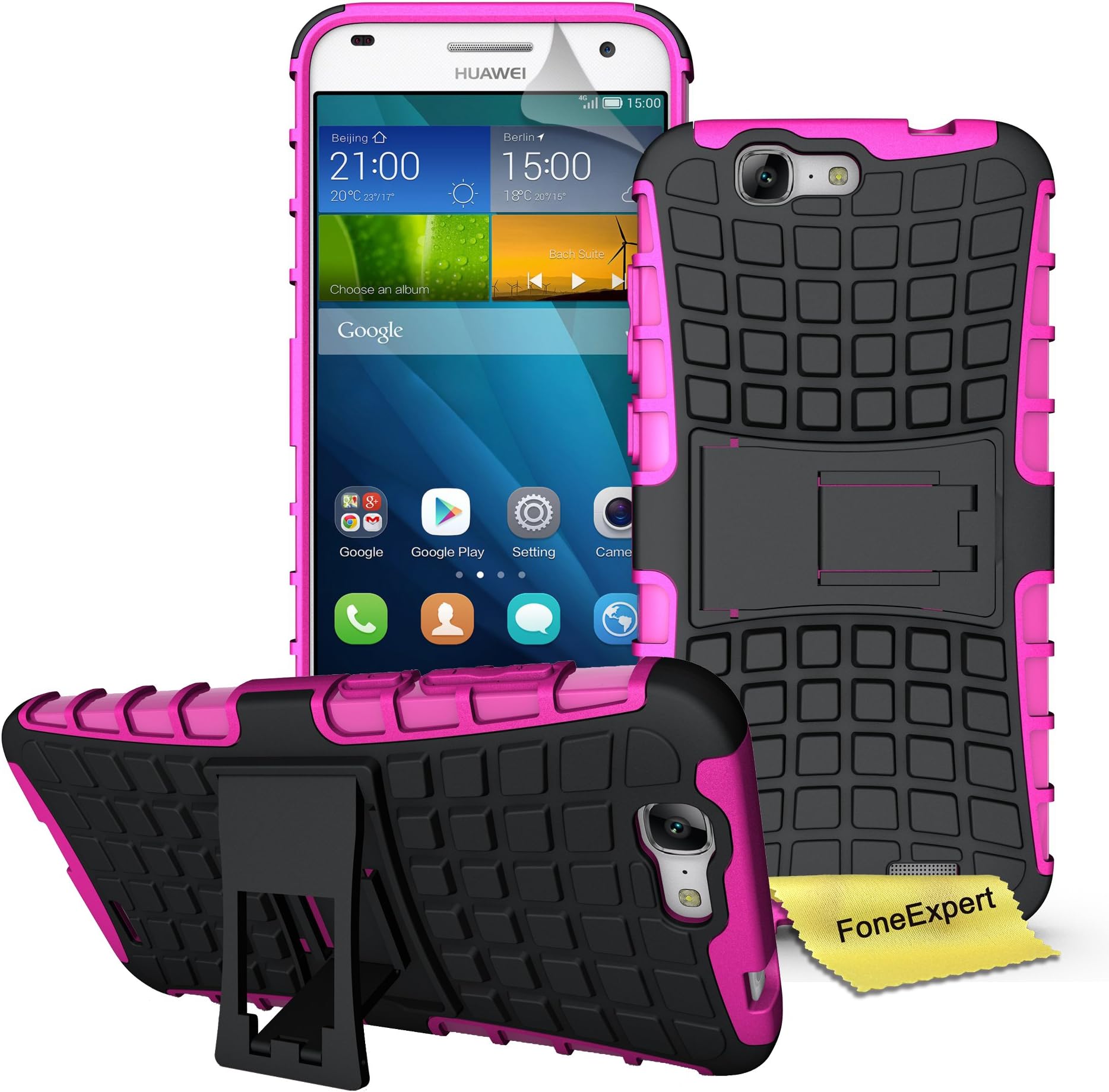 Huawei Ascend G7 Case, FoneExpert® Heavy Duty Shockproof Rugged Impact Armor Hybrid Kickstand Protective Bag Cover Case for Huawei Ascend G7 + Screen Protector & Cloth (Pink)
