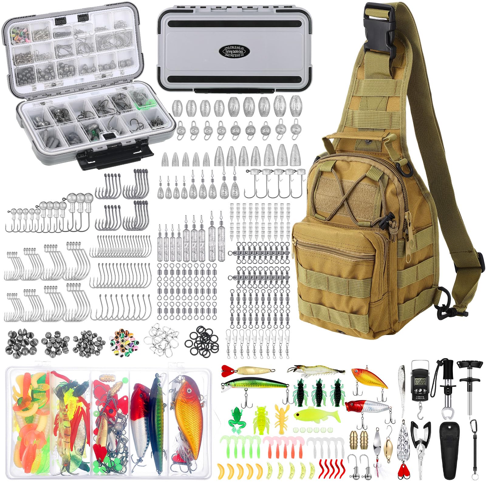 Photo 1 of Sosation 482 Pcs Fishing Gear Equipment Kit, Backpack and Tackle Box with Tackle Included, Lures, Hooks, Sinkers Tools Accessories Kit Fishing Gifts for Men(Khaki)
