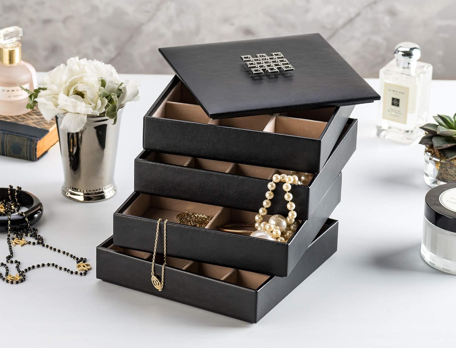 Glenor Co Earring Organizer Tray - 4 Stackable Trays with Lid -45 Slot Classic Jewelry Storage Display Case for Drawer or Dresser - Holder for Earring Ring Necklace or Cufflinks - Large Mirror - Black: Home & Kitchen
