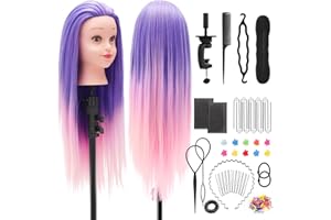 Yekavo Mannequin Head with Hair, 26" Straight Hair Styling Doll Head, Manikin Head for Cosmetology Hairdressing Braiding Training with Clamp Holder and Practice Kits (Purple Pink)