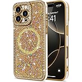 Lafunda for iPhone 16 Pro Max Case Glitter, Luxury Bling Sparkly Rhinestone Diamonds Cover Compatible with MagSafe for Women Girls Shockproof Protective Phone Case for iPhone 16 Pro Max 6.9", Gold