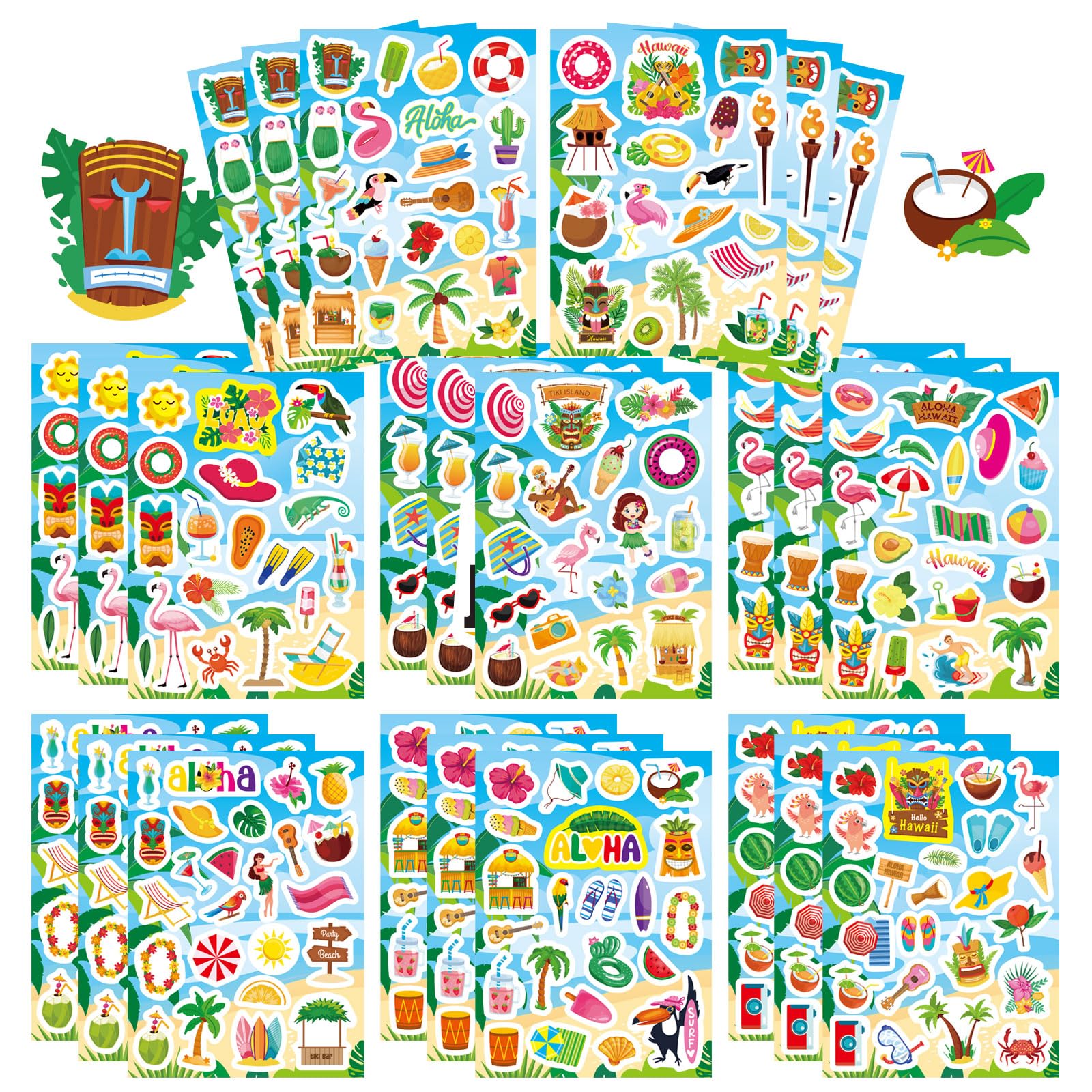 24 Sheets Summer Stickers Beach Hawaii Stickers for Kids Hello Summer Sea Beach Sticke with Sun Ice Cream Pineapple Watermelon Elements, Hawaii Tropical Party Decoration