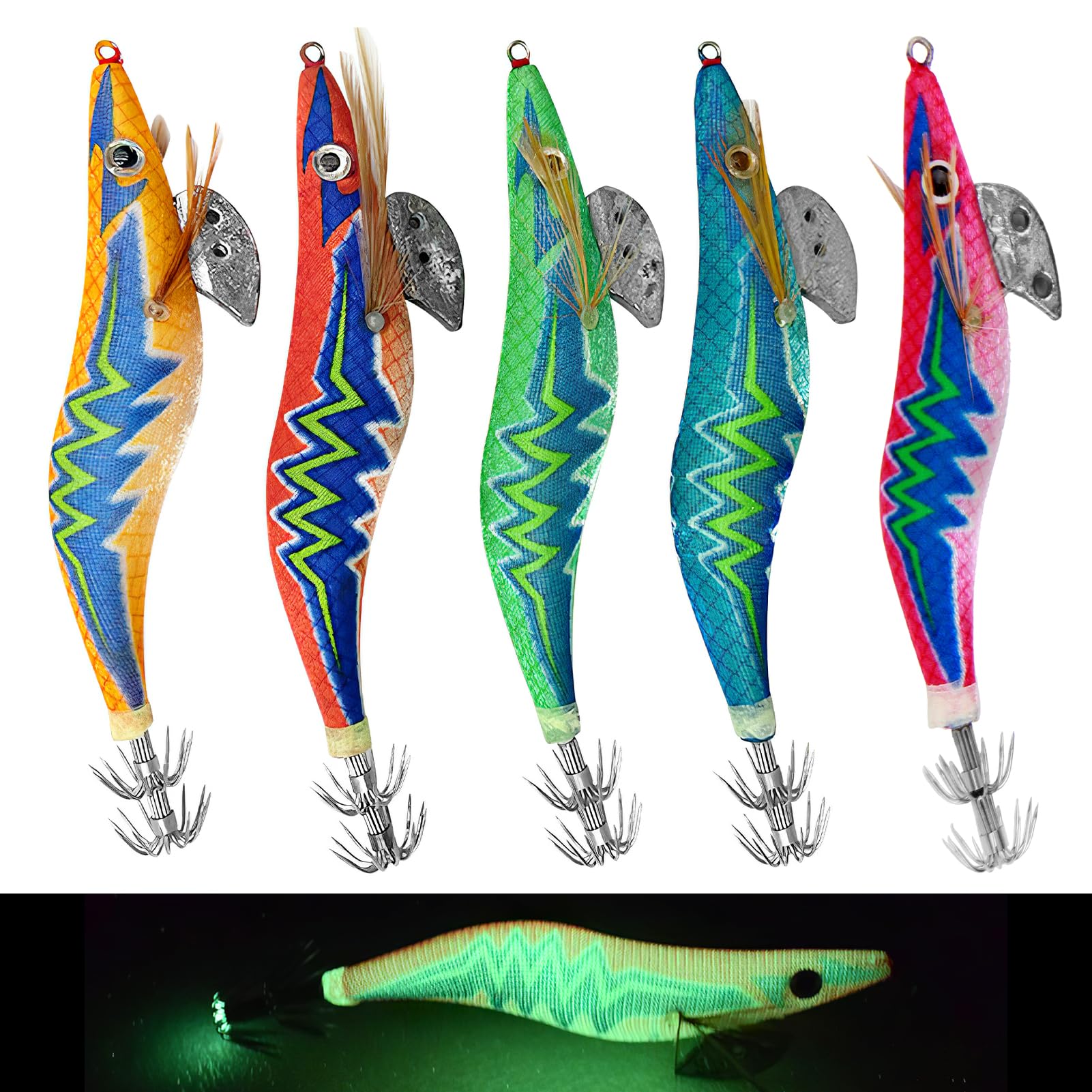 5pcs Luminous Squid Jig Fishing Lures - Saltwater Glow Hooks, UV Shrimp Baits, Fluorescent Fake Prawn Lure Sleeve for Octopus Cuttlefish Sea Kit - Size: 3.0