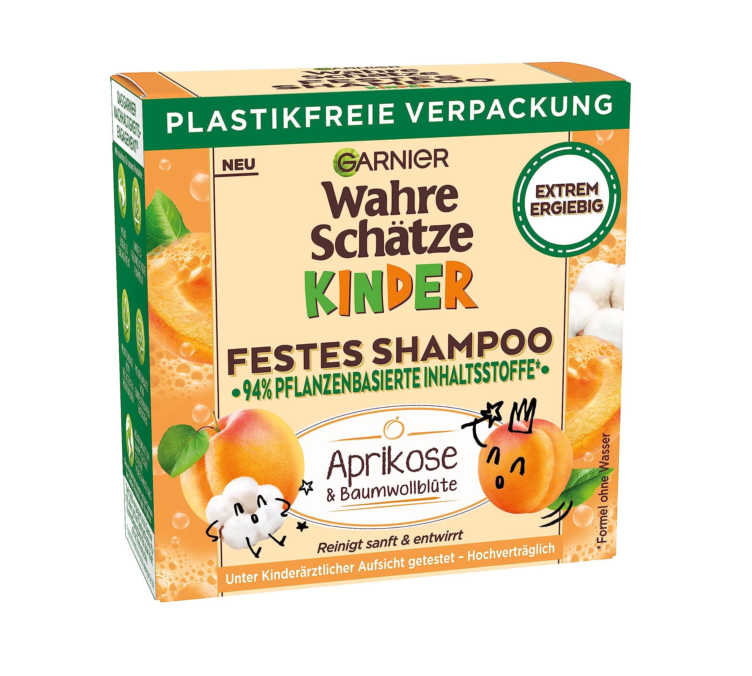 Garnier Solid Children's Shampoo, Mild Care Shampoo for Sensitive Hair and Easy to Comb, with Apricot and Cotton Blossom, True Treasures Kids, 1 x 60 ml