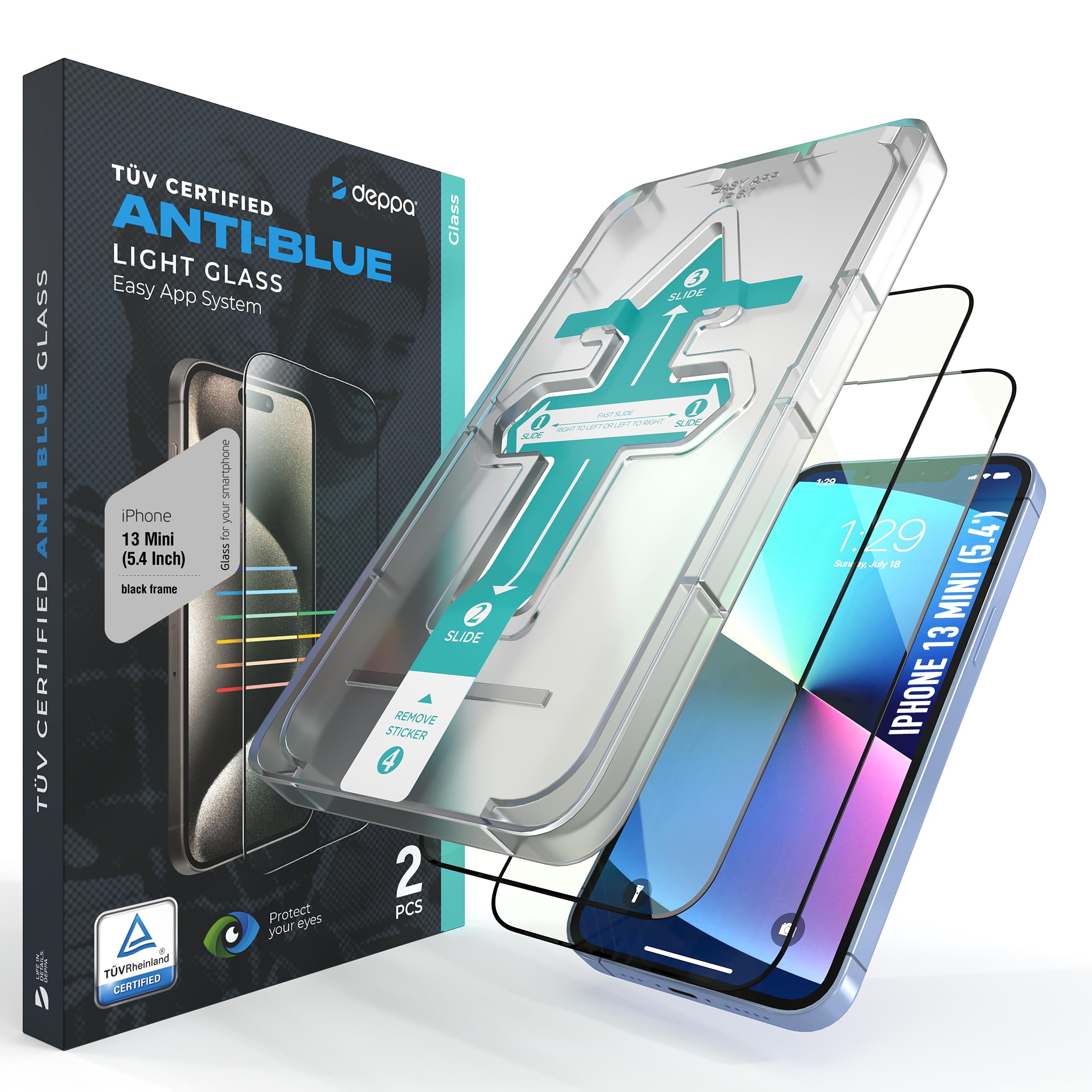 Deppa |2 Pack| Eye Safeguard Certified Anti-Blue Light Screen Protector for iPhone 13 Mini (5.4') Tempered Glass Edge to Edge Full Cover with Easy Installation Kit Tray