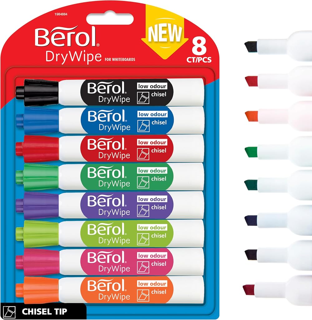 Berol Dry Wipe Whiteboard Markers 8 Count Assorted Colours Chisel Tip