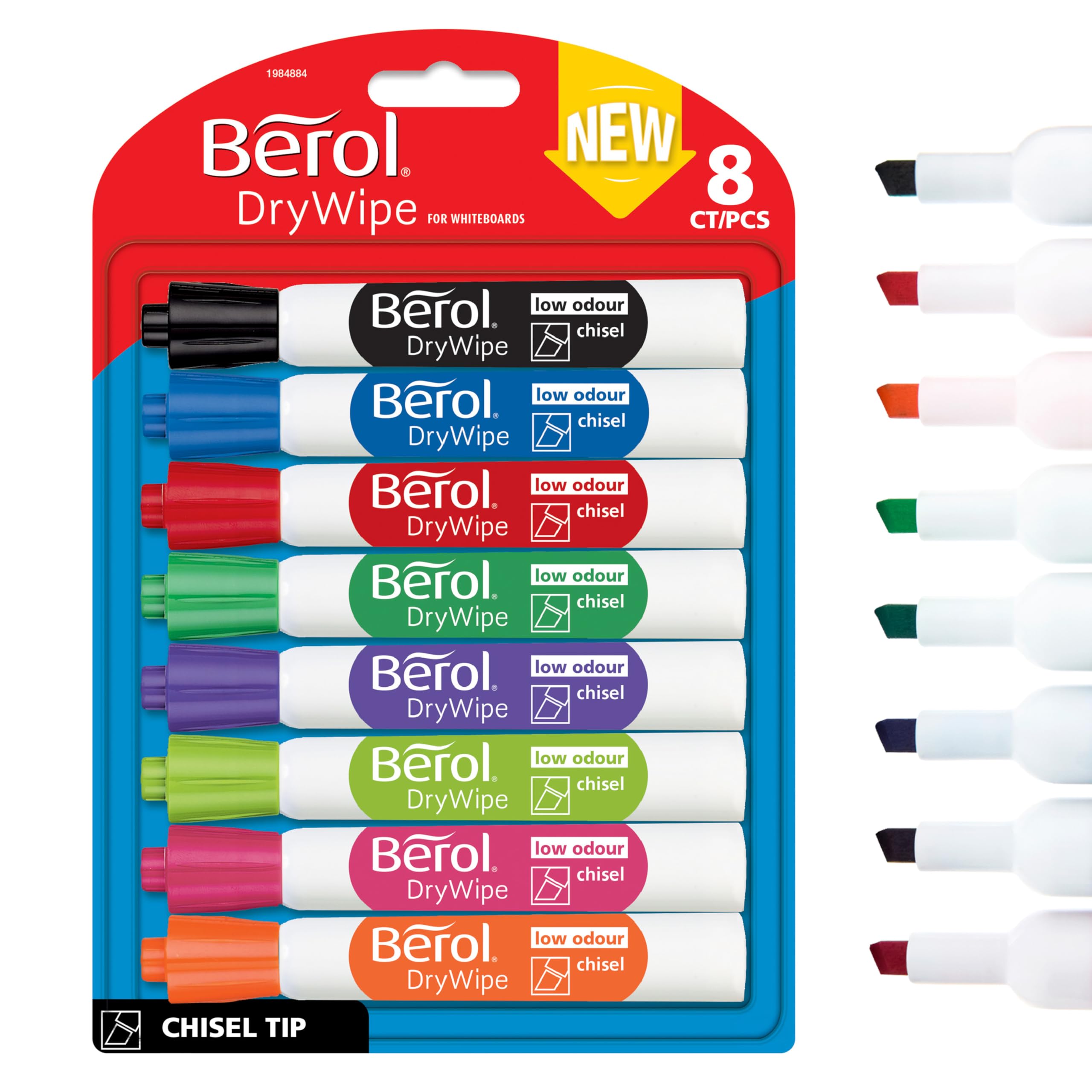 Berol Dry Wipe Whiteboard Marker Pens | Chisel Tip | Assorted Colours | 8 Count Dry Erase Markers
