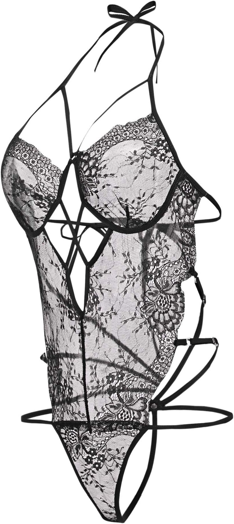 ELOVER Women One Piece Lingerie Lace Teddy Bodysuit Halter Mini Babydoll Nightwear (Black, Medium)