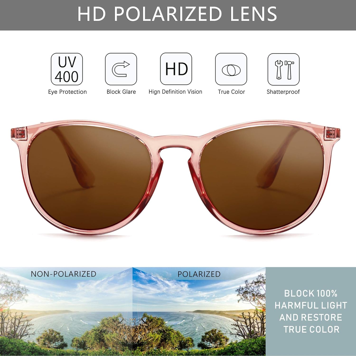SUNGAIT Vintage Round Sunglasses for Women Men Classic Retro Designer Style (Polarized Light-Brown Lens/Pink Brown Frame(Glossy Finish) SGT567 PGTCKC: Clothing