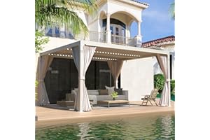 EROMMY Louvered Pergola 10' x 12' Outdoor Hard Top Pergola with Aluminum Frame and Adjustable Metal Rainproof Roof for Garden & Patio, Curtains and Netting Included, White