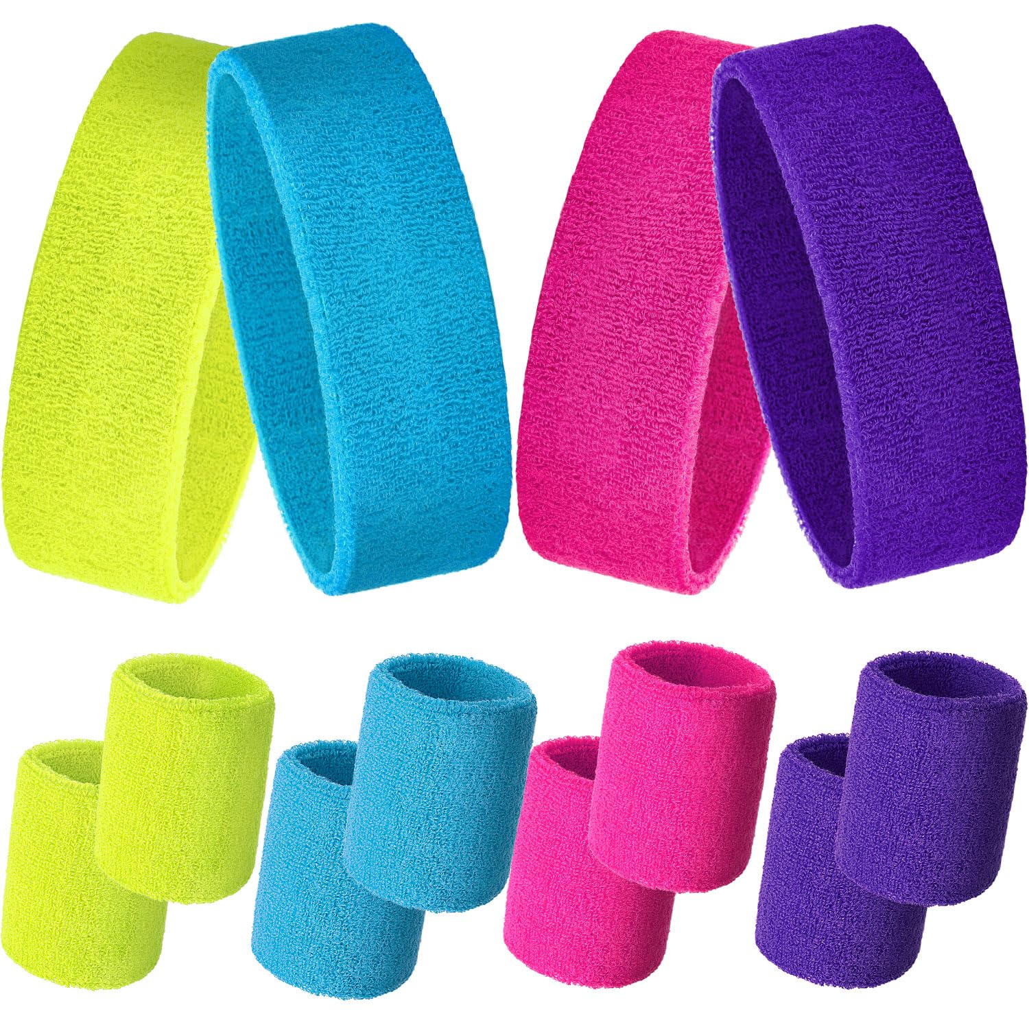 Photo 1 of 12 Pcs Sweatbands Set Neon Colors Headbands and Wristbands for Men Women Moisture Wicking Sweat Absorbing Workout Cotton Headbands 80s 90s Party(Rose Red, Fluorescent Yellow, Sky Blue, Purple)