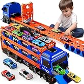 PEADUCK Toy Truck for 3 4 5 6 Years Old Kids Boys, 78-Inch Race Track Transport Vehicle and 12 Die-Cast Metal Toy Cars, Carri