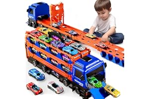 PEADUCK Toy Truck for 3 4 5 6 Years Old Kids Boys, 78-Inch Race Track Transport Vehicle and 12 Die-Cast Metal Toy Cars, Carri