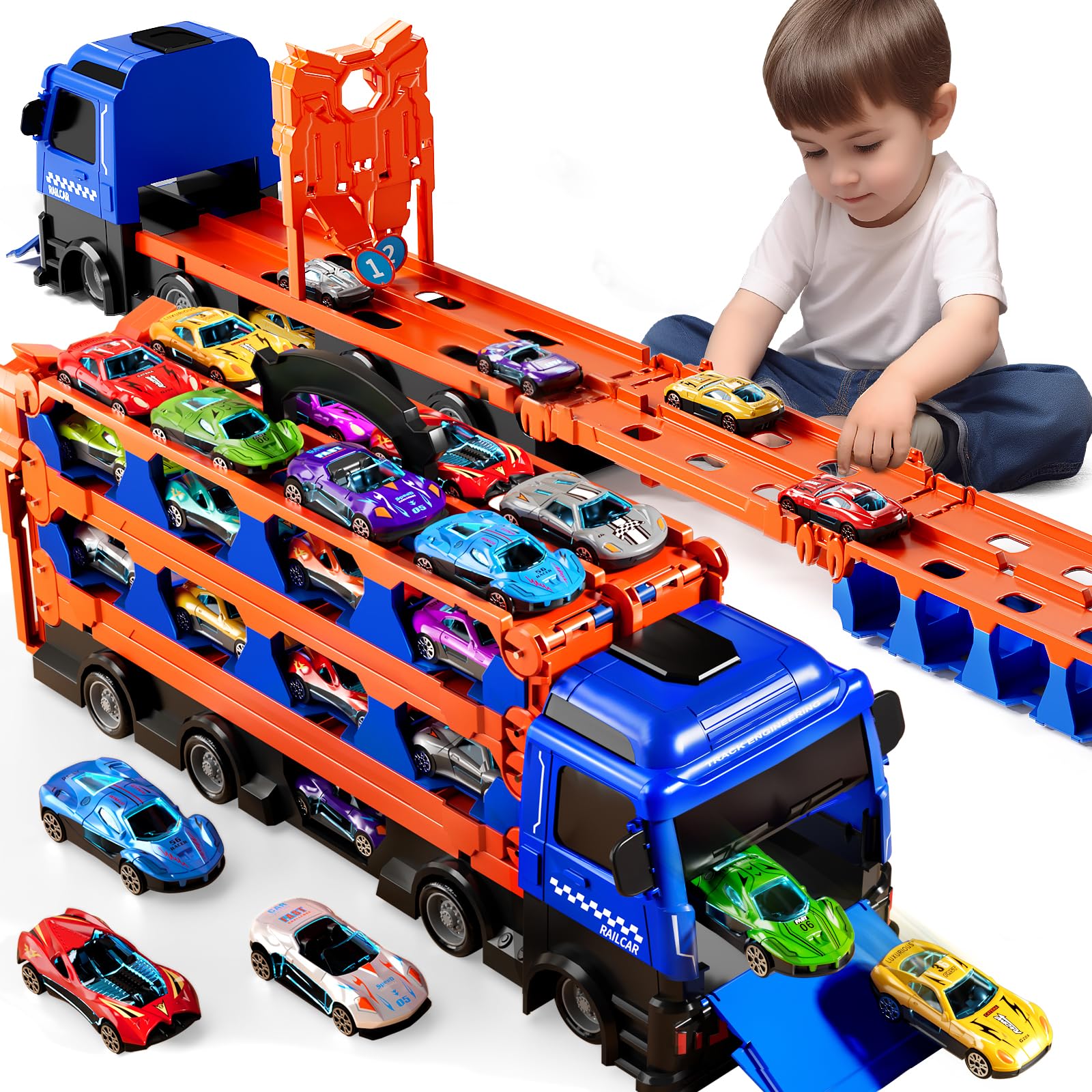 Photo 1 of PEADUCK Toy Truck for 3 4 5 6 Years Old Kids Boys, 78-Inch Race Track Transport Vehicle and 12 Die-Cast Metal Toy Cars, Carrier Truck Toddler Truck Car Toys Set Gifts for Age 3-12 Years Old Kids Boys