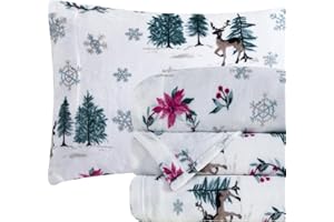 Elegant Comfort Luxuriously Soft 4-Piece Holiday Velvet Plush Flannel Sheet Set - Premium Quality - Cozy Warm, Christmas Fuzzy Velvet Flannel Fleece Deep Pocket Sheet Set - Queen, Christmas Wreath