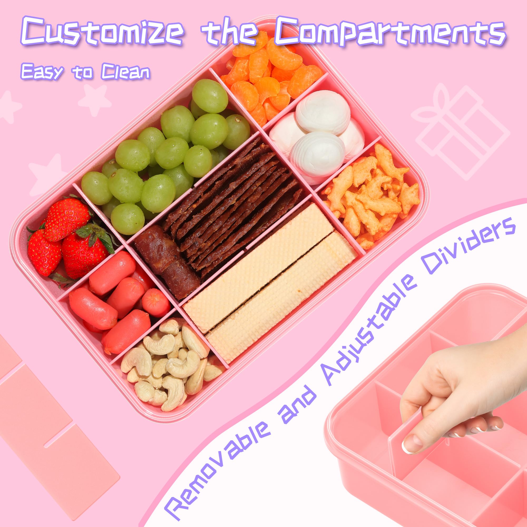 Xyptorix Snack Box Container for Kids - Adjustable 12-Compartment Snack Containers, Reusable Bento Box, Dishwasher Safe, BPA-Free, Perfect for School, Travel, Camping & Picnic, Pink