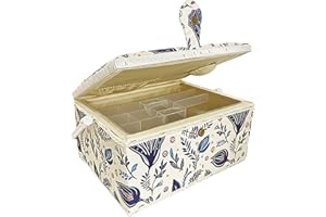 COMFECTO Wooden Sewing Basket Empty Large Box with Removable Tray, Stylish Organizer for Craft Supplies and Mending, Blue Garden