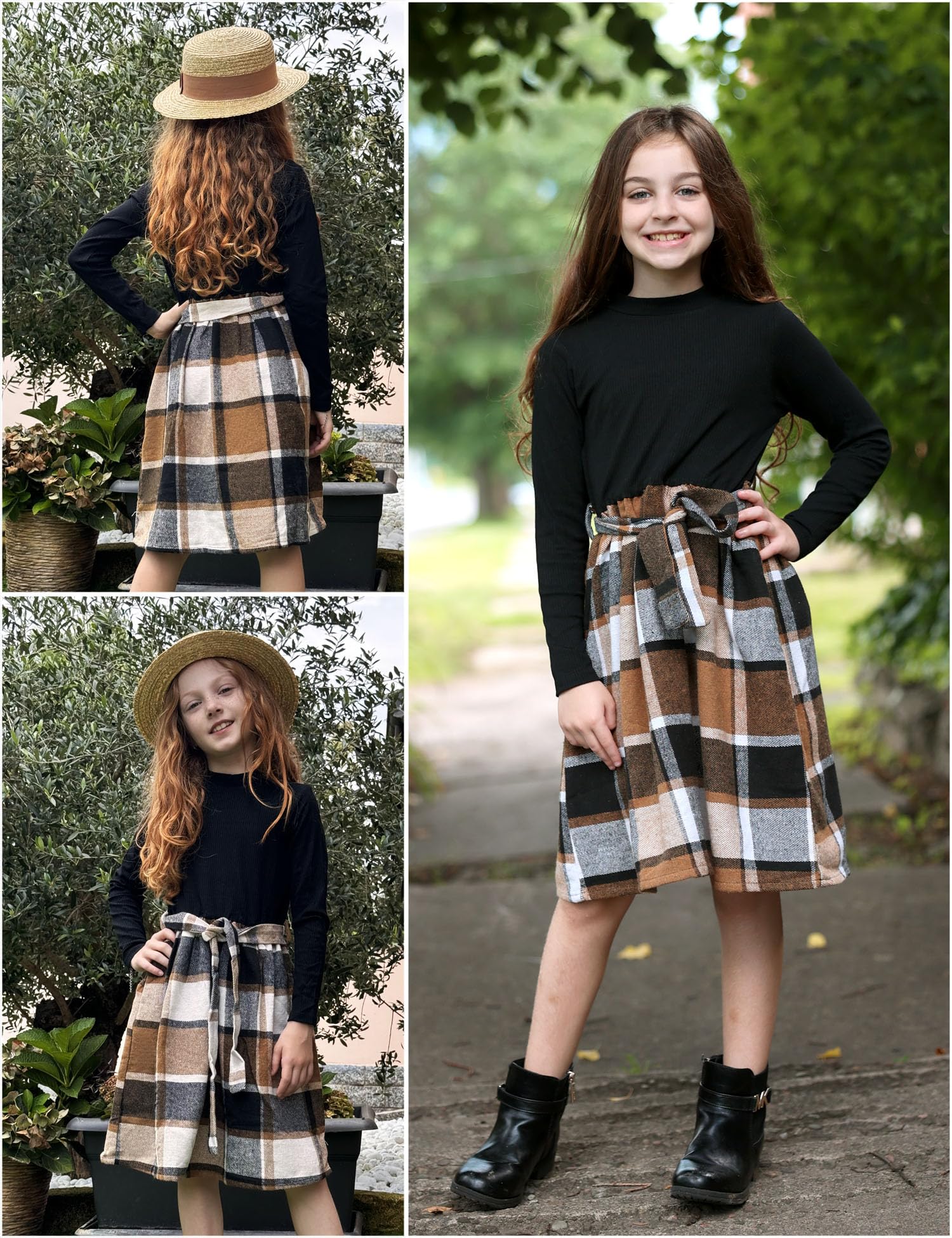 Arshiner Girls Dresses Long Sleeve Rib Knit Plaid Patchwork Belted Dress with Pockets