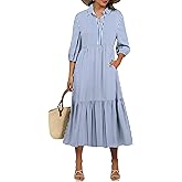 ANRABESS Women Summer Dress 2026 3/4 Puff Sleeve Polo V Neck Floral Print Casual Boho Shirt Maxi Dress Beach Vacation Clothes
