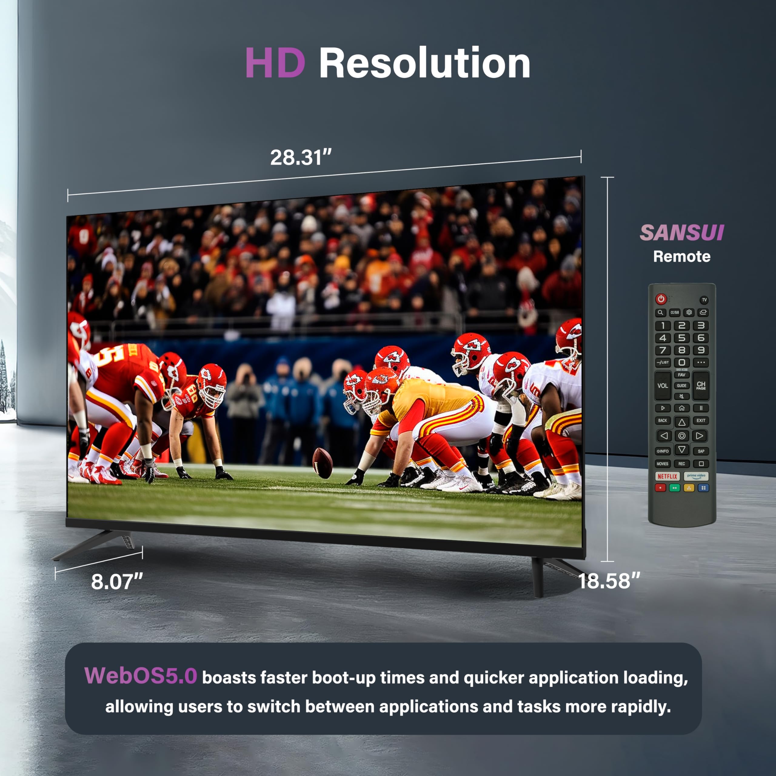 SANSUI 32 Inch TV WebOS 5.0 32” LED TV 720P, Smart TV with Music Card App & Game Optimizer Built-in