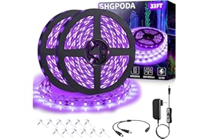 SHGPODA 33ft LED Black Light Strip Kit, 600 Units, 385nm-400nm, 12V Flexible Blacklight Fixtures, 10M LED Ribbon, Non-Waterproof for Indoor, Birthday, Wedding, Dark Party, Halloween, Christmas