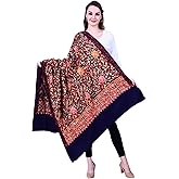 SWI WITH LABEL Women's Kashmiri Wool Blended Shawl Embroidered by Kashmiri Artisans, (Large Size - 40 x 80 Inches)
