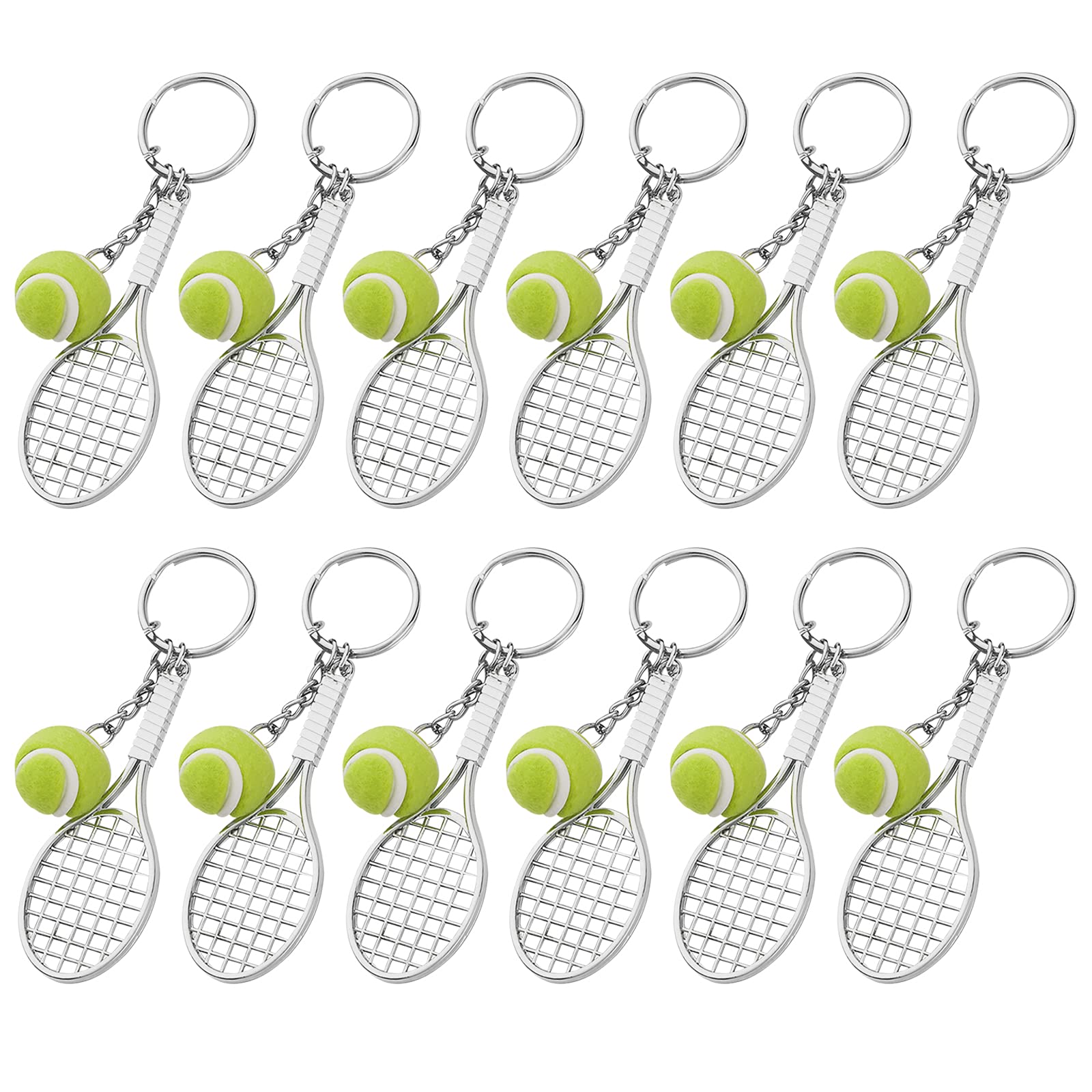 MengH-SHOP Sports Keychain Tennis Ball Keyring Mini Metal Tennis Racket Keyring Creative Tennis Ball Split Keychain Gift for Tennis Lovers 12 Pieces