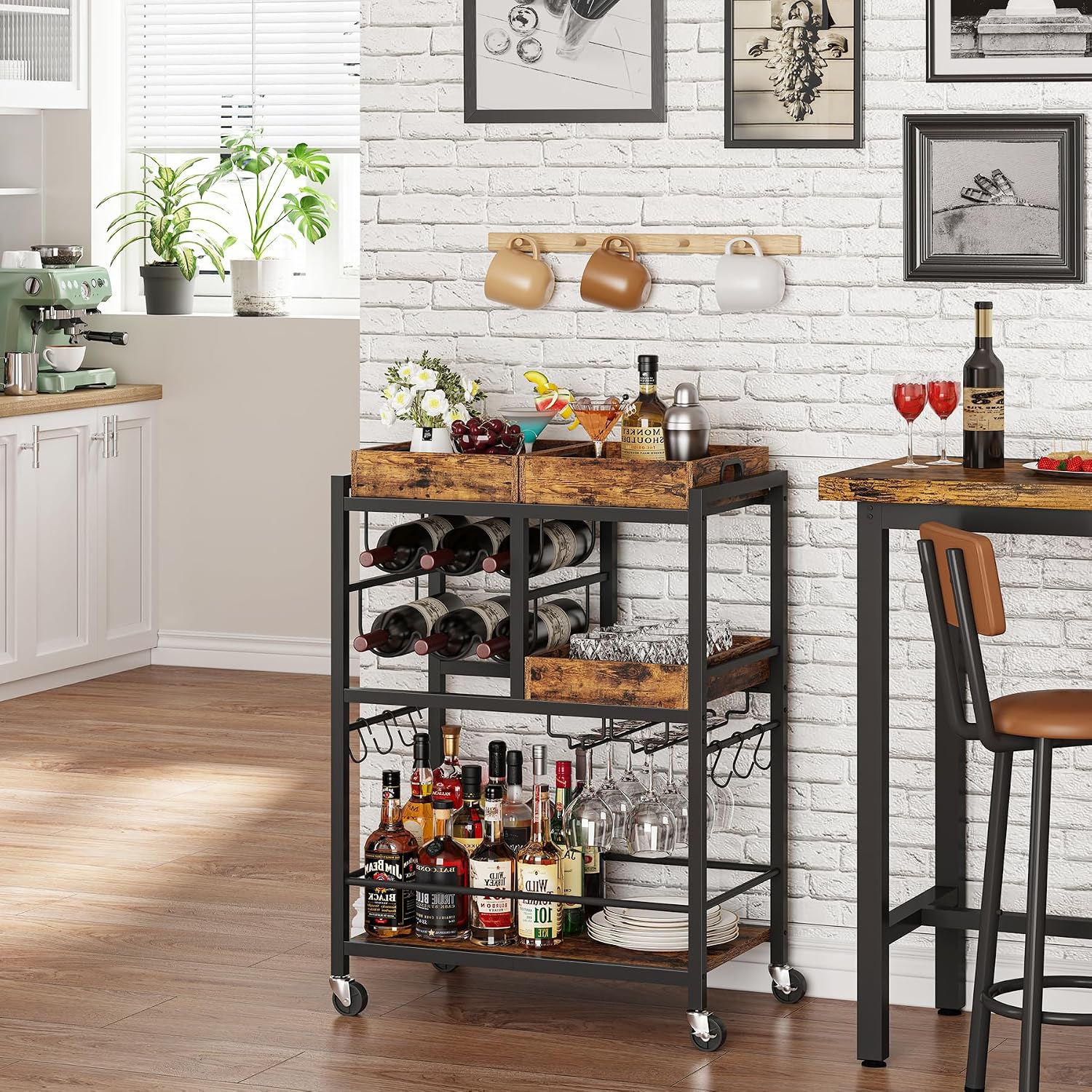 TUTOTAK 24.8 inch bar cart with a detachable top tray in a living room with plants and framed art
