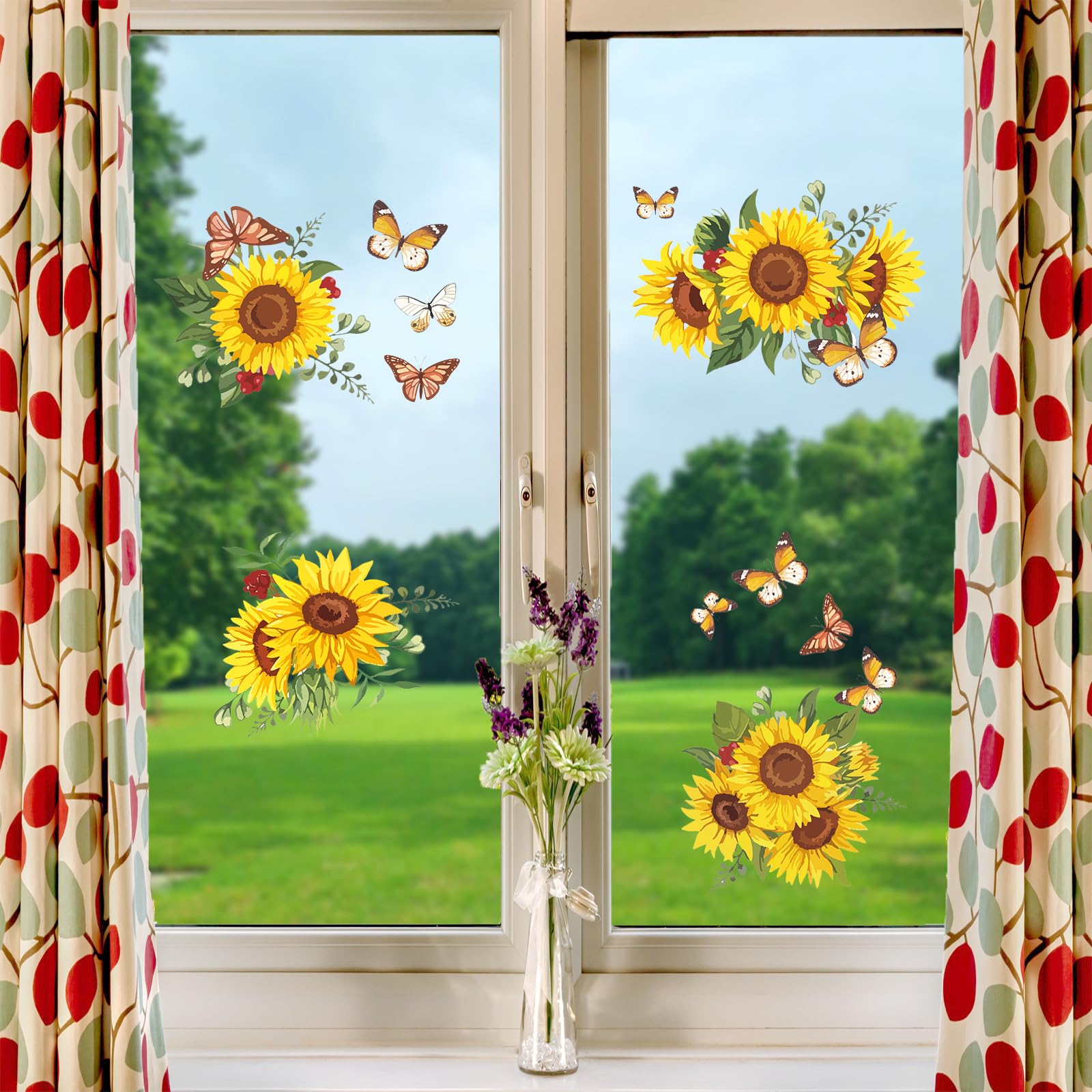 Flower Window Stickers 4pcs, Waterproof Sunflower Stickers Spring Summer Window Stickers PVC Window Clings for Glass Windows Doors Wall
