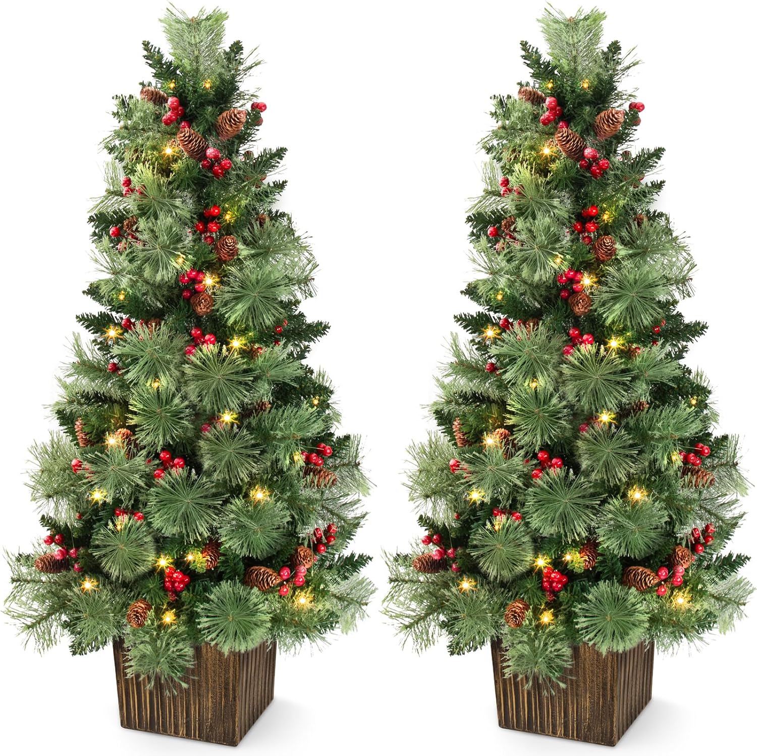 Trees - LAVEVE 4FT Pre-lit Christmas Tree Set of 2, 100 Warm White Lights|8 Modes & Timer| Waterproof Battery Box, Festive Berries & Pinecones