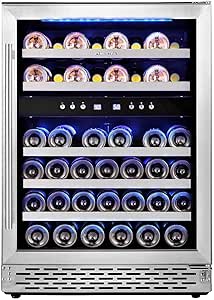 Phiestina 46 Bottle Wine Cooler 24 Inch Dual Zone Built-in or Freestanding Wine Refrigerator with Compressor Cooling System