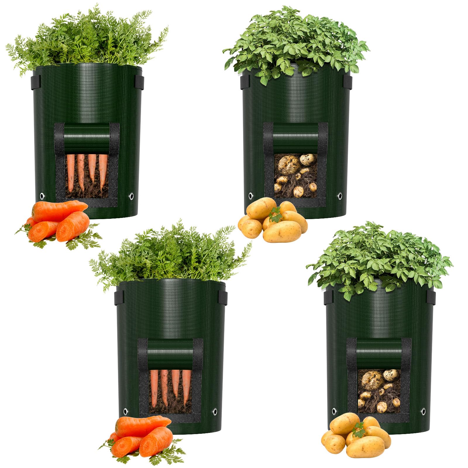 Priksia Potato Grow Bags 4 Pack Grow Bags for Vegetables Plant Grow Bags Garden Plant Bags with Strap Handles and Access Flap for potatoes tomatoes cucumbers and Other Vegetables（Green）