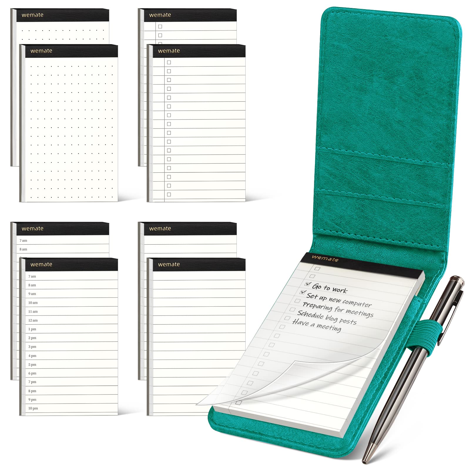 WEMATE 10 Pieces Notepad Holder Set Pocket Notebook - Included Mini Pocket Notepad Holder Set with 8 Memo Book Refills and Metal Pen for Meetings, Daily Records, and Notes 3 x 5 Inch (Green)