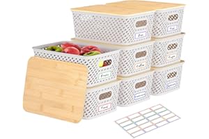 Anysig 8 Packs Plastic Storage Bins with Bamboo Lids - Stackable Storage Bins Decorative Small Basket Containers for Organizing Shelves Office Classroom Desktop Closet, Cream White